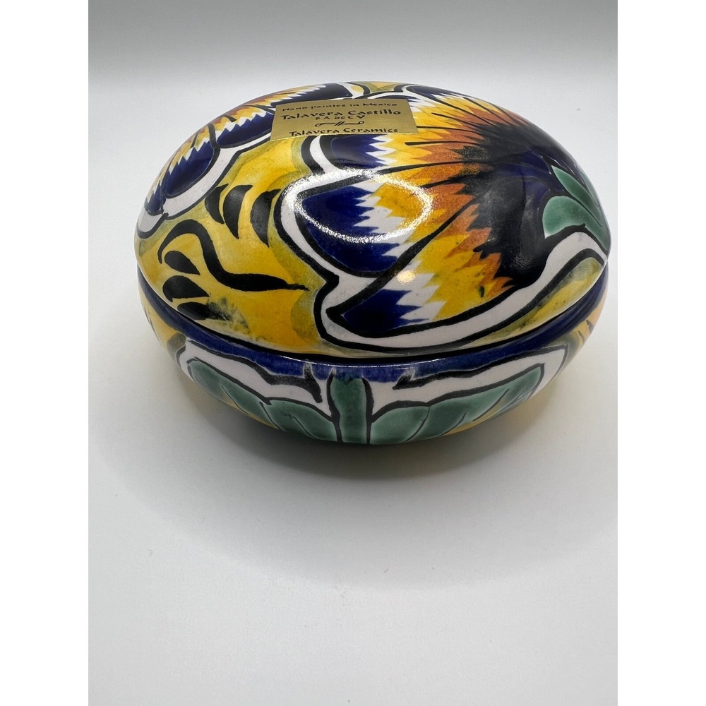 TALAVERA CASTILLO - Trinket Candy Dish Bowl w/Lid - Mexico Hand Painted Pottery